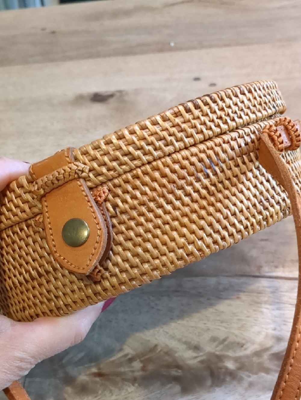 Woven Round Crossbody Bag in Natural Tan - Picture 10 of 11